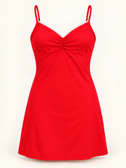 Red empire-waist dress studio product photo