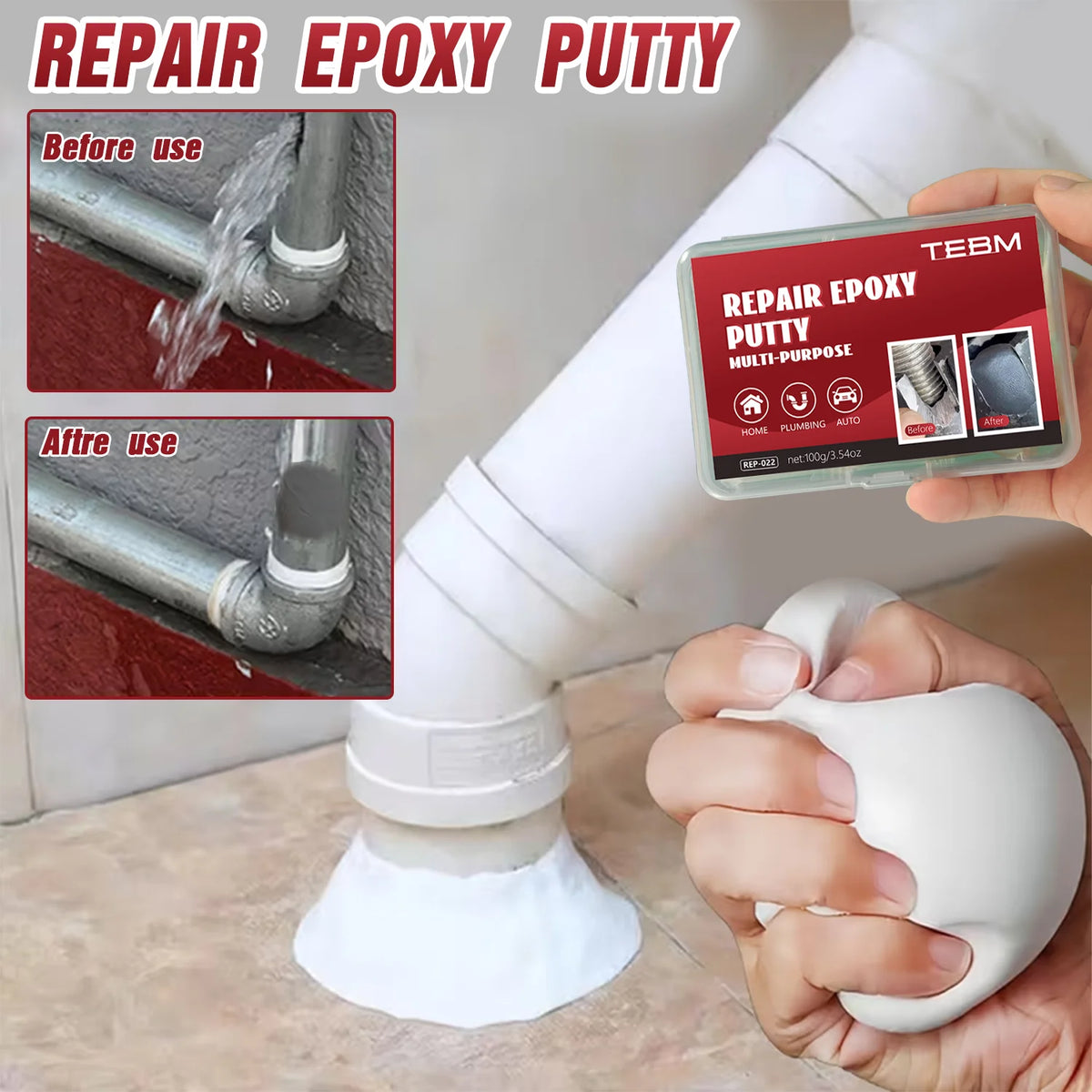 High Strength Epoxy Putty, Waterproof & Heat Resistant Repair Adhesive, Hand-Kneadable, White & Black Options, for Plumbing, Aut