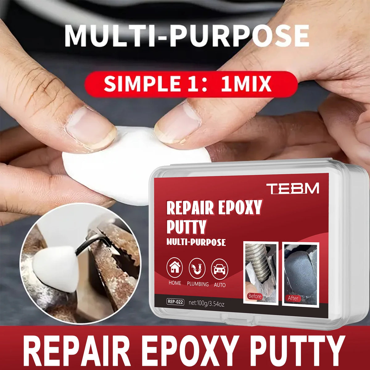 High Strength Epoxy Putty, Waterproof & Heat Resistant Repair Adhesive, Hand-Kneadable, White & Black Options, for Plumbing, Aut