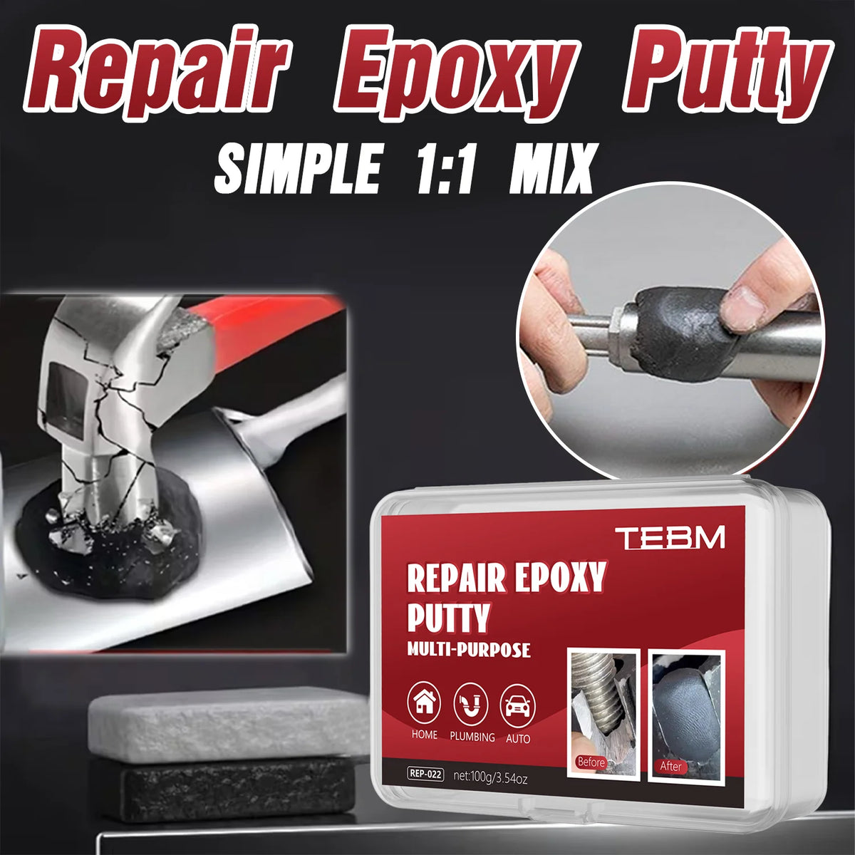 High Strength Epoxy Putty, Waterproof & Heat Resistant Repair Adhesive, Hand-Kneadable, White & Black Options, for Plumbing, Aut