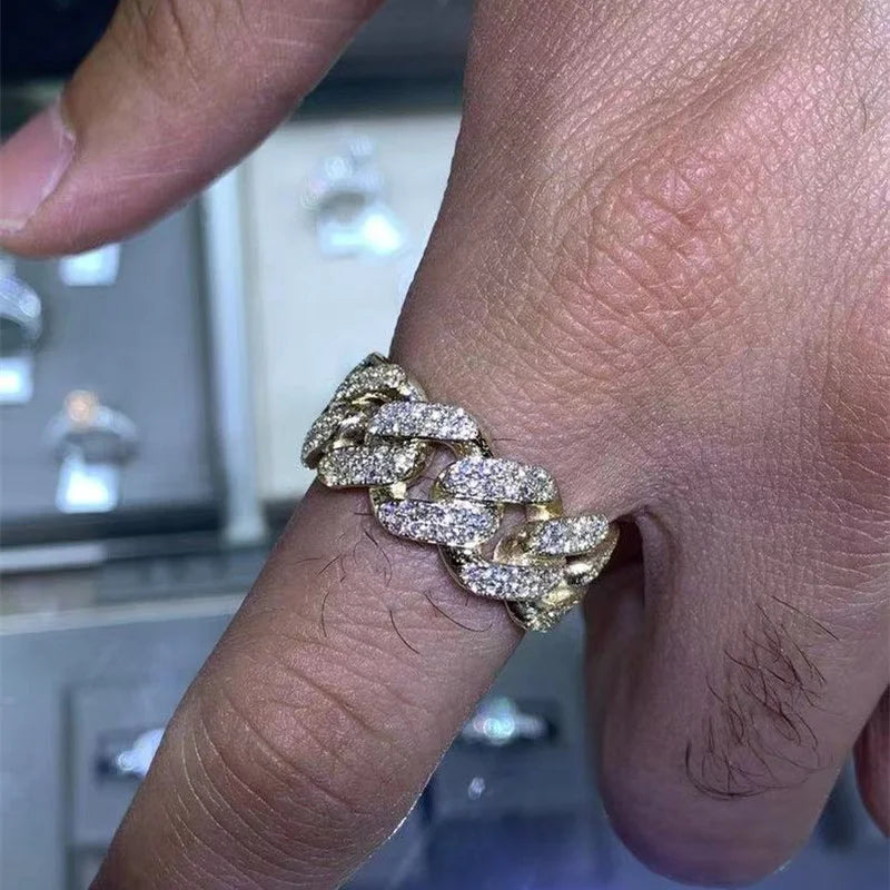 Fashion Male Female Rings Gold Hip Hop Punk Zircon Ring Cuban Link Chain Exaggerated Street Artist Ring for Women Men