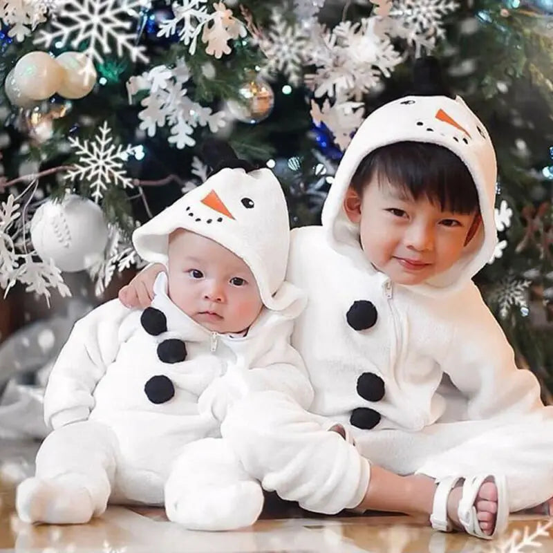 0-3Y Infant White Fleece Jumpsuit Long Sleeve Zipper Open Front Hoode Rompers Christmas Snowman Baby Outfits