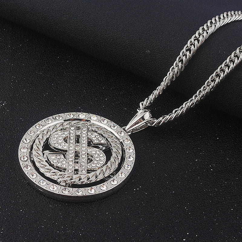 Big Rotatable US Dollar Money Sign Pendant Necklace Men Rapper Hip Hop Punk Long Chain Necklace Women Statement Necklace Gift