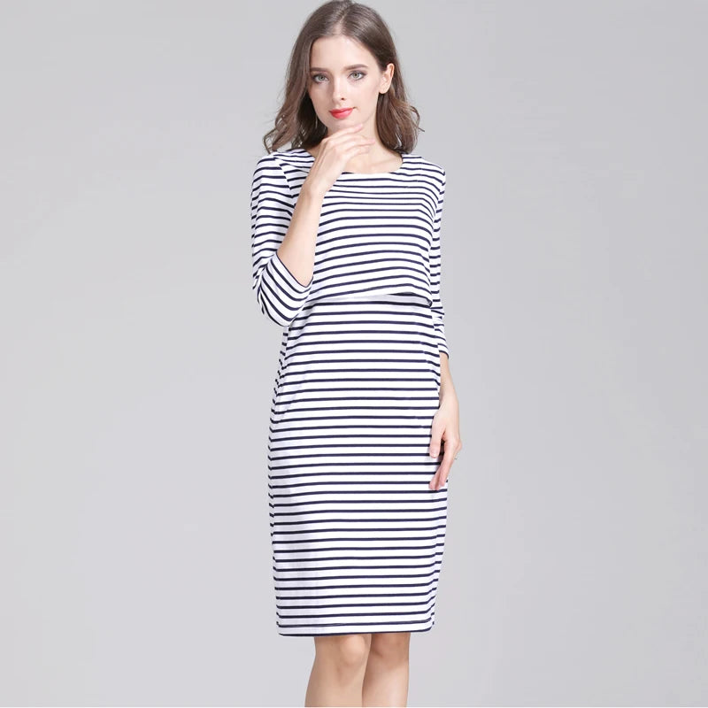Maternity Nursing Dress Cotton Striped Summer Spring Skirt Pregnancy Dress for Pregnant Woman Dress Breastfeeding Dress