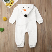 0-3Y Infant White Fleece Jumpsuit Long Sleeve Zipper Open Front Hoode Rompers Christmas Snowman Baby Outfits