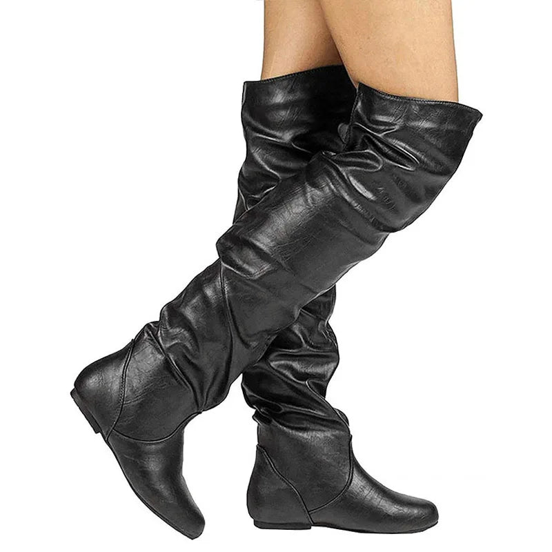 SGESVIER Over The Knee Boots Women Pu Elastic Boots Female Round Toe Shoes Concise Flat Shoes Autumn Winter 2019 Plus Size 34-48