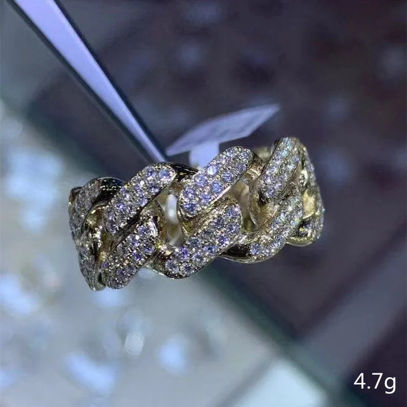 Fashion Male Female Rings Gold Hip Hop Punk Zircon Ring Cuban Link Chain Exaggerated Street Artist Ring for Women Men