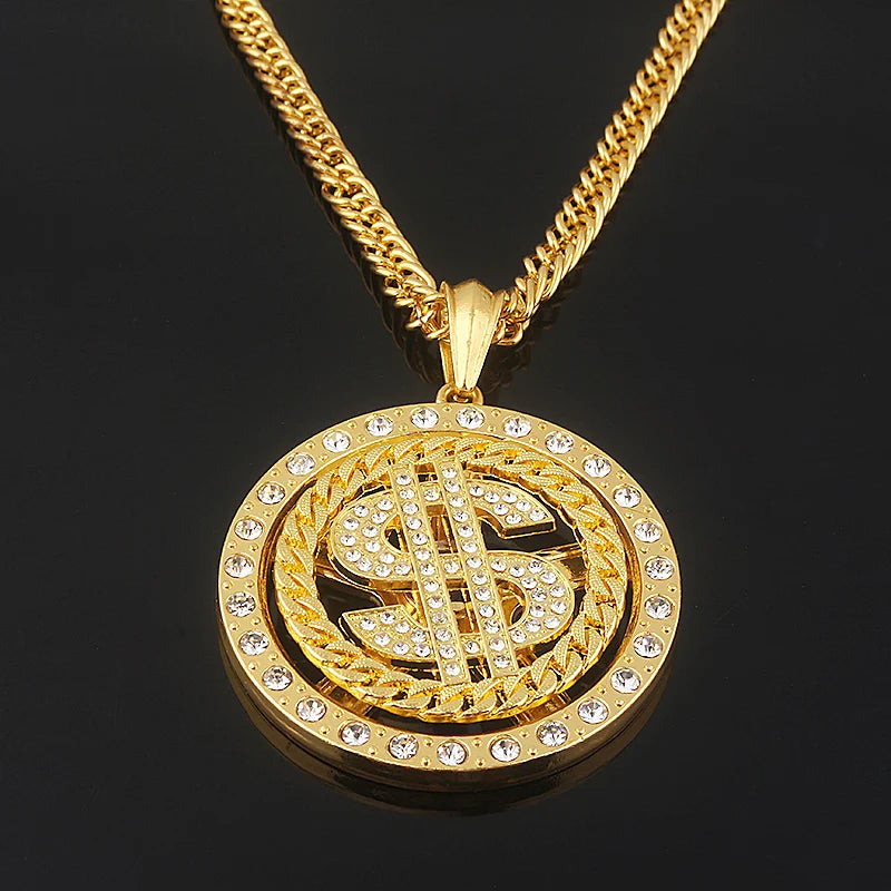 Big Rotatable US Dollar Money Sign Pendant Necklace Men Rapper Hip Hop Punk Long Chain Necklace Women Statement Necklace Gift
