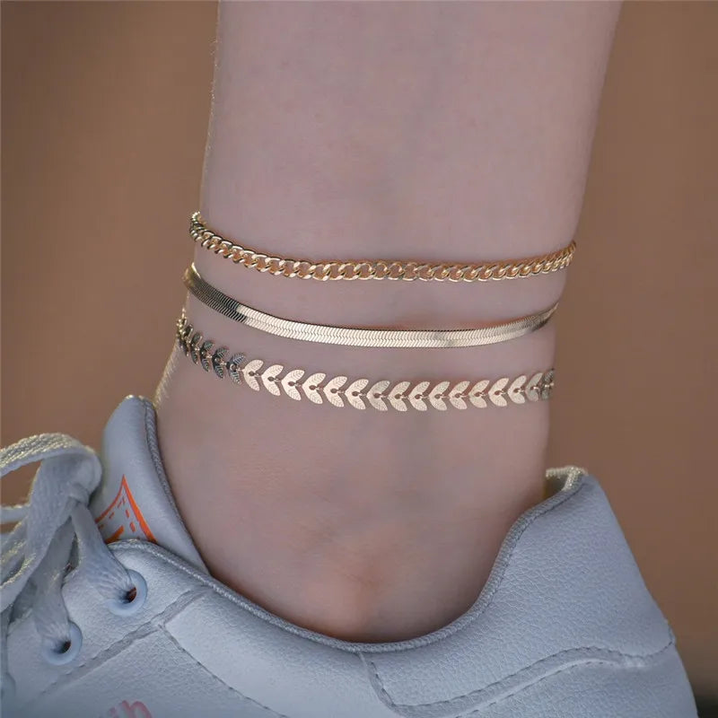 3pcs/set Gold Color Simple Chain Anklets For Women Beach Foot Jewelry Leg Chain Ankle Bracelets Women Accessories