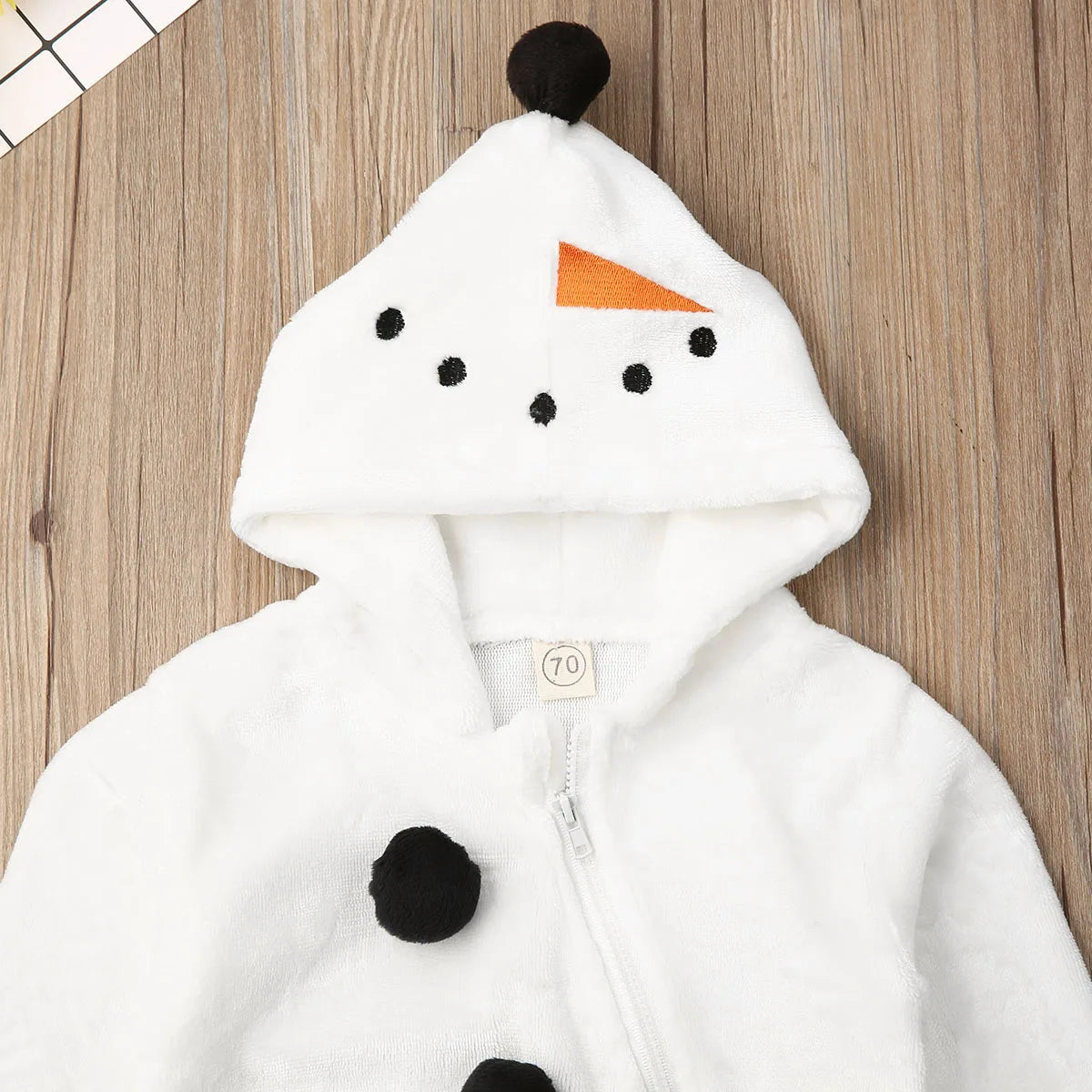 0-3Y Infant White Fleece Jumpsuit Long Sleeve Zipper Open Front Hoode Rompers Christmas Snowman Baby Outfits