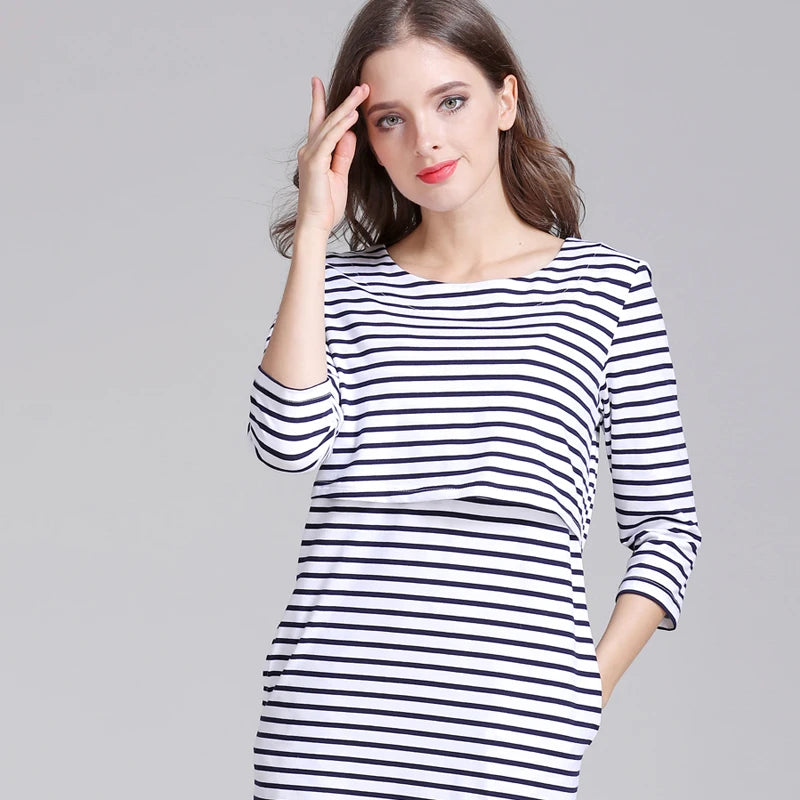 Maternity Nursing Dress Cotton Striped Summer Spring Skirt Pregnancy Dress for Pregnant Woman Dress Breastfeeding Dress