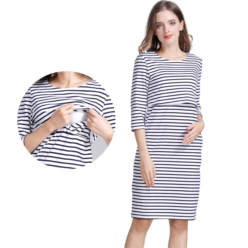 Maternity Nursing Dress Cotton Striped Summer Spring Skirt Pregnancy Dress for Pregnant Woman Dress Breastfeeding Dress