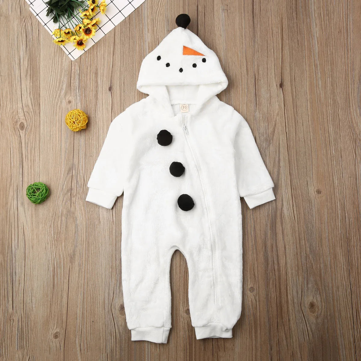 0-3Y Infant White Fleece Jumpsuit Long Sleeve Zipper Open Front Hoode Rompers Christmas Snowman Baby Outfits