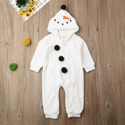 0-3Y Infant White Fleece Jumpsuit Long Sleeve Zipper Open Front Hoode Rompers Christmas Snowman Baby Outfits