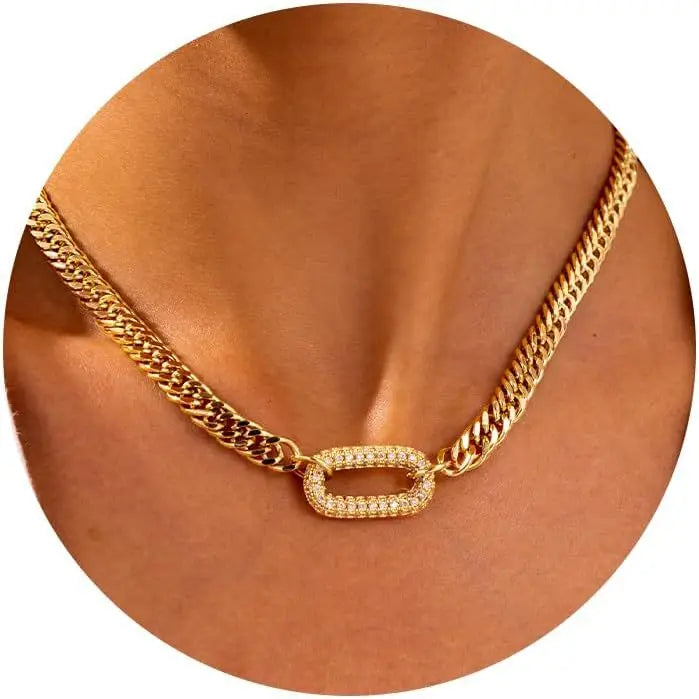 Stainless steel electroplated vintage niche necklace, punk rock heavy duty zircon-encrusted clavicle necklace, Cuban chain