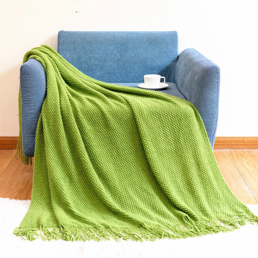 Acrylic Knit Throw Blanket with Tassels — Solid Colors, Three Sizes