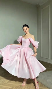 Modern Pink Evening Dresses Off The Shoulder A-Line Birthday Party Dresses Corset Shiny Ankle Length Prom Gowns Customized