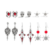 Ingemark 6Pairs/Set Halloween Red Crystal Skull Spider Metal Drop Earrings for Women Goth Cross Rose Piercing Earrings Jewelry