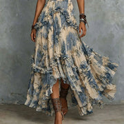 Elegant Floral Print Strapless Long Dress Women Off Shoulder 3D Flower Ruffle Layered Irregular Flowy Boho Holiday Party Dresses