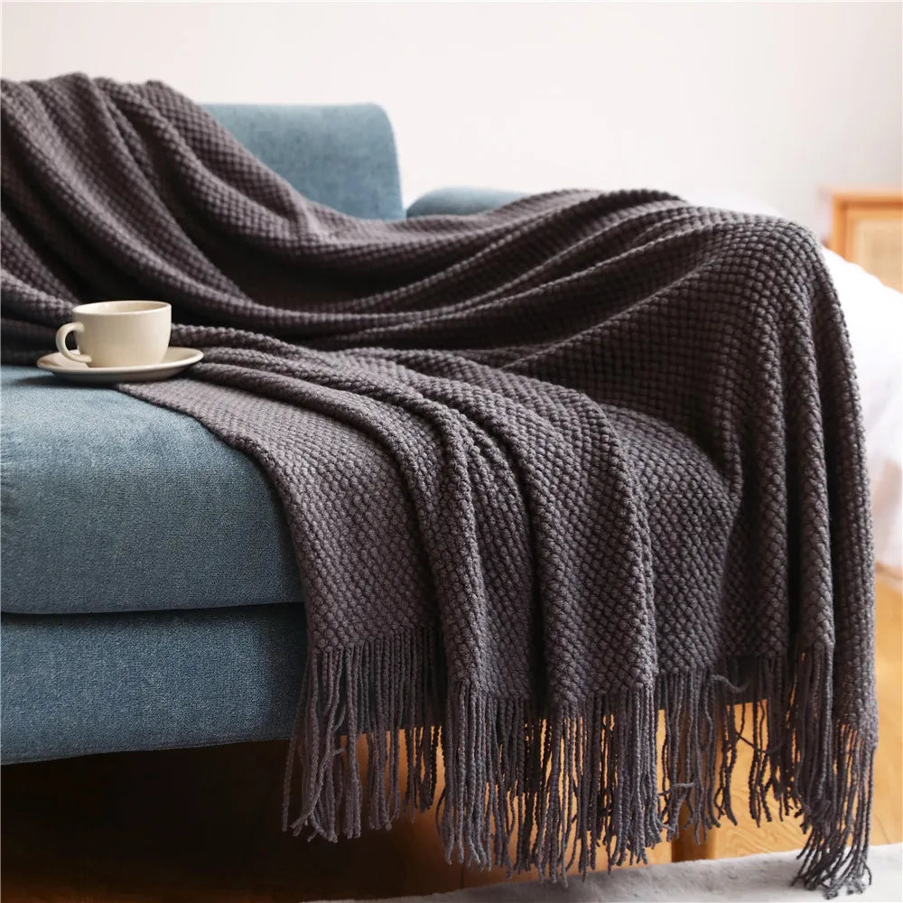 Acrylic Knit Throw Blanket with Tassels — Solid Colors, Three Sizes