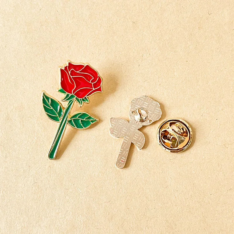 Red Rose Metal Brooch — Small, Large or 2-Piece Pair