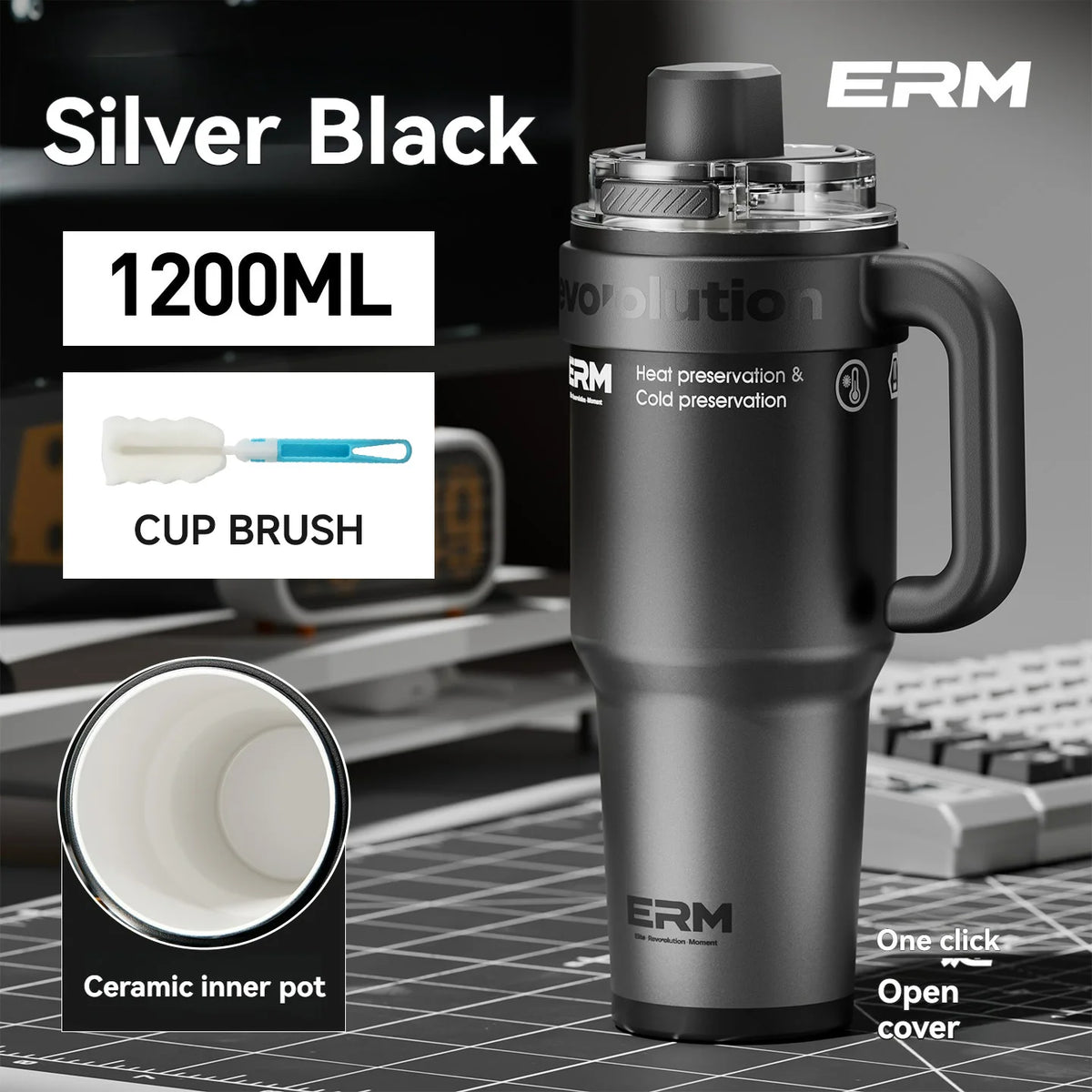 Handled Vacuum-Insulated Tumbler — 1200ml, Steel or Ceramic-Lined