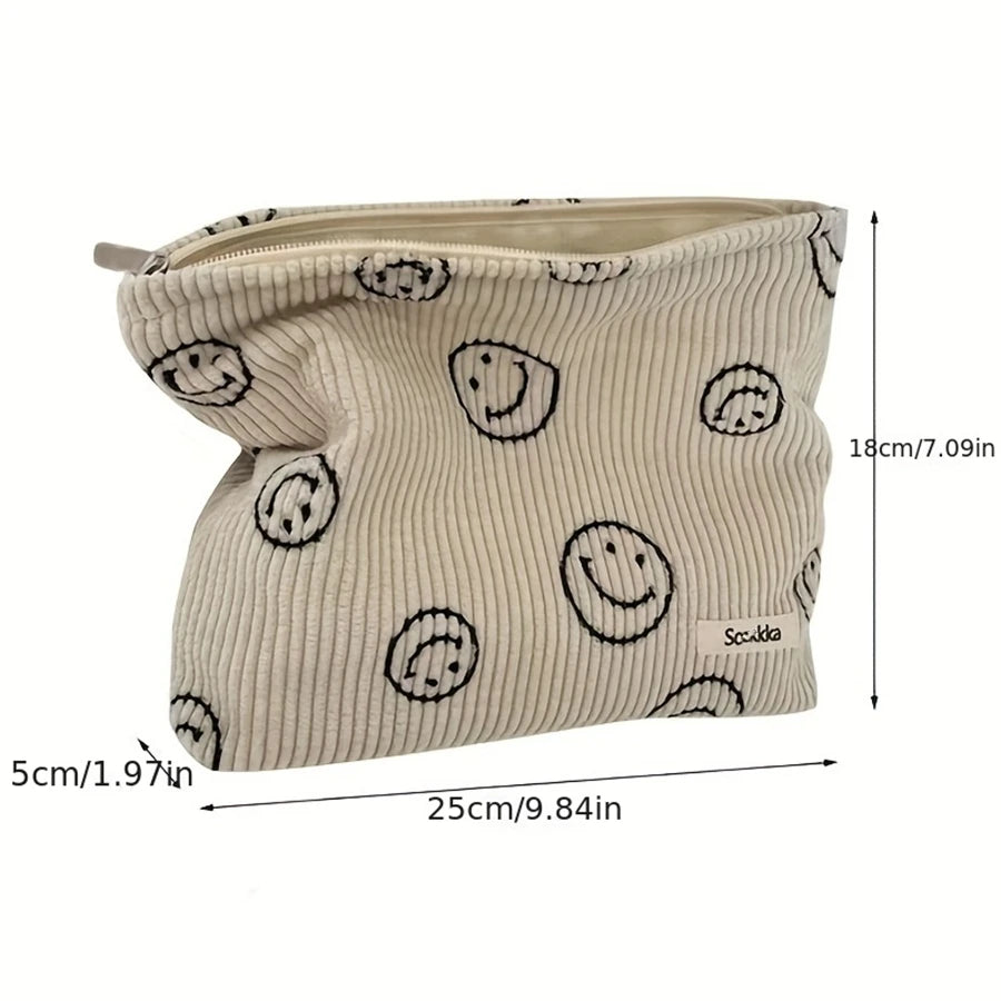 Corduroy Smile-Print Zipper Toiletry Pouch — 1 Piece