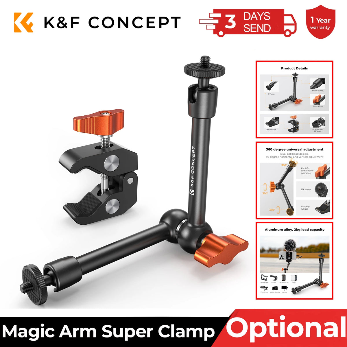 K&F CONCEPT Magic Arm Super Clamp Kit with 1/4" & 3/8" Thread Screw Articulating Friction Arm Cold Shoe Clamp Mount for Monitor
