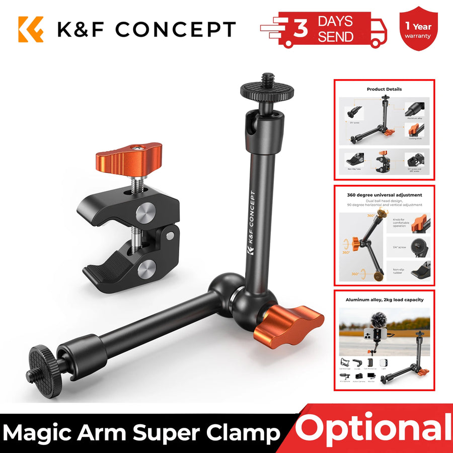K&F CONCEPT Magic Arm Super Clamp Kit with 1/4" & 3/8" Thread Screw Articulating Friction Arm Cold Shoe Clamp Mount for Monitor