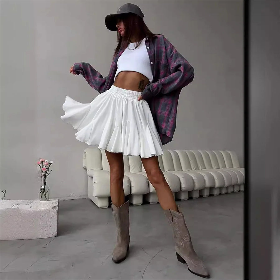 Summer White Ruffle Mini Skirt High Waist Korean Sexy Cute Ruffle Vintage Tennis Skirt Elastic Waist Tutu Short Skirts for Women