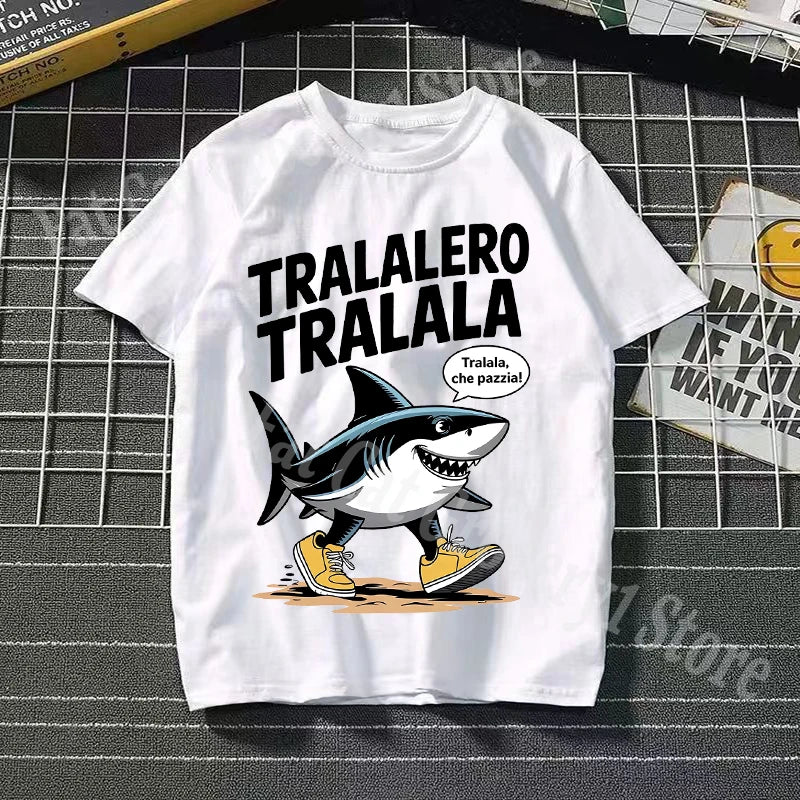 Tralalero Tralala Cotton T-shirt Kids Anime Tungtung Sahur Brainrot Tees Boy Girl Summer Short Sleeve Children Clothes Tops Gift