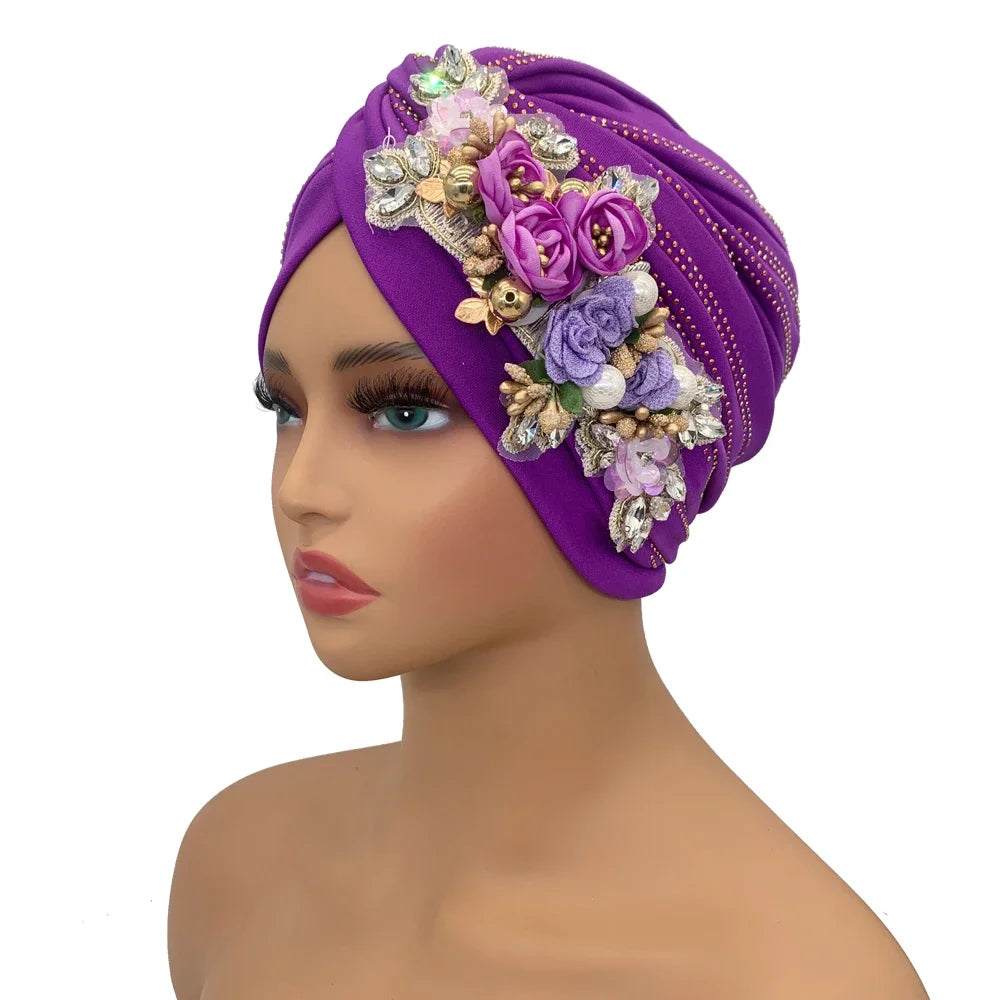 Diamonds Flower Women's Turban Cap African Head Wraps Nigeria Wedding Party Headpiece Female Headwear Twisted Headsarf Hat