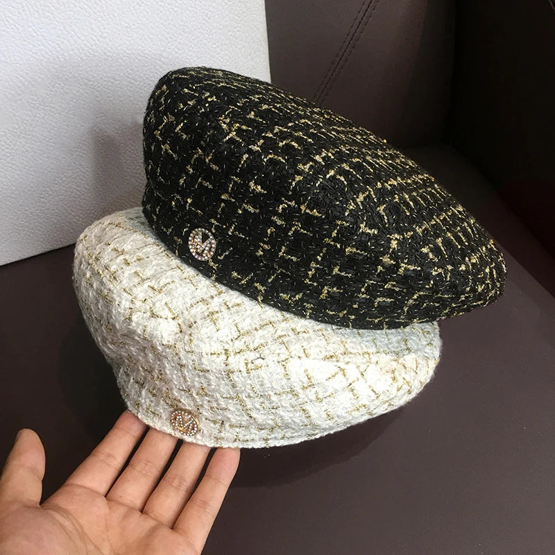 Panama Women's Belle Octagonal Painter Hat Fashion Outdoor Geometric Checker Spring and Autumn Season K219 Cap