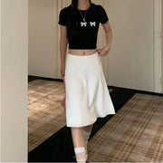 Deeptown Elegant White Women Satin Skirt Fairycore Ruffle Mid Skirts Coquette A-line Basic Casual Korean Style Summer Silk Skirt