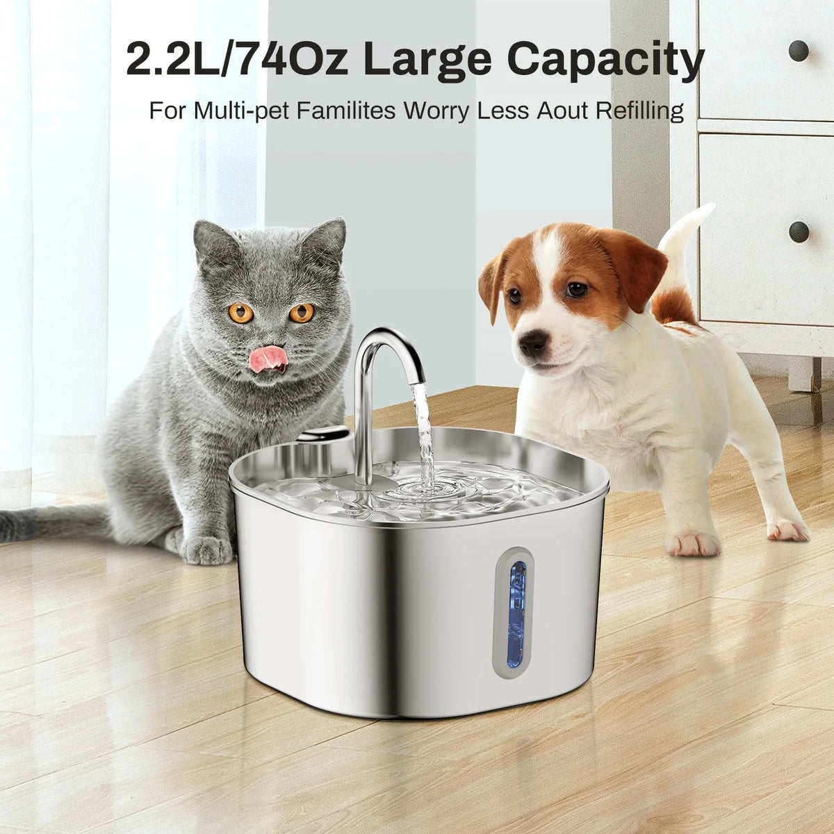 Stainless Steel USB Pet Water Fountain — 2.2 L, Base Configuration