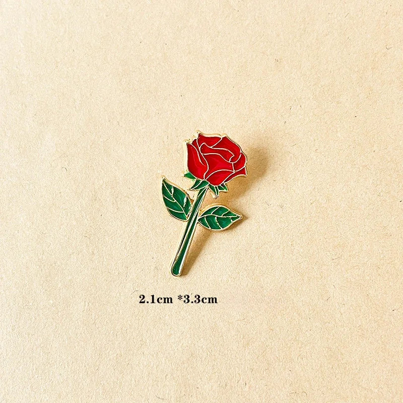 Red Rose Metal Brooch — Small, Large or 2-Piece Pair