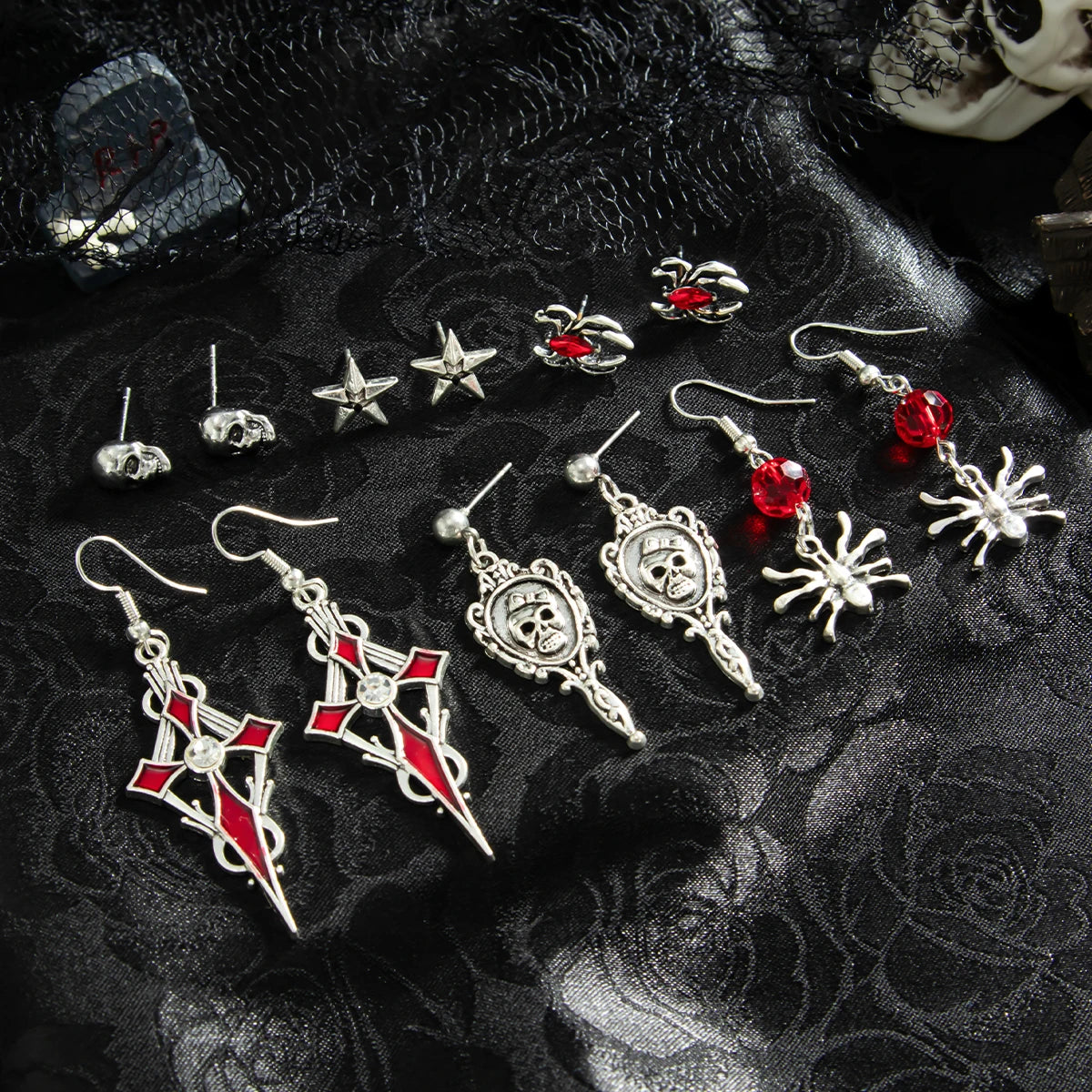 Ingemark 6Pairs/Set Halloween Red Crystal Skull Spider Metal Drop Earrings for Women Goth Cross Rose Piercing Earrings Jewelry