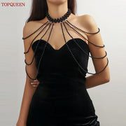 TOPQUEEN Vintage Faux Pearl Tassel Shoulder Chain Bikini Top Beach Sheath and Party Dress Accessories Adjustable Length SG62