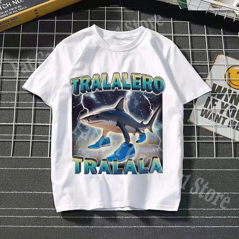 Tralalero Tralala Cotton T-shirt Kids Anime Tungtung Sahur Brainrot Tees Boy Girl Summer Short Sleeve Children Clothes Tops Gift