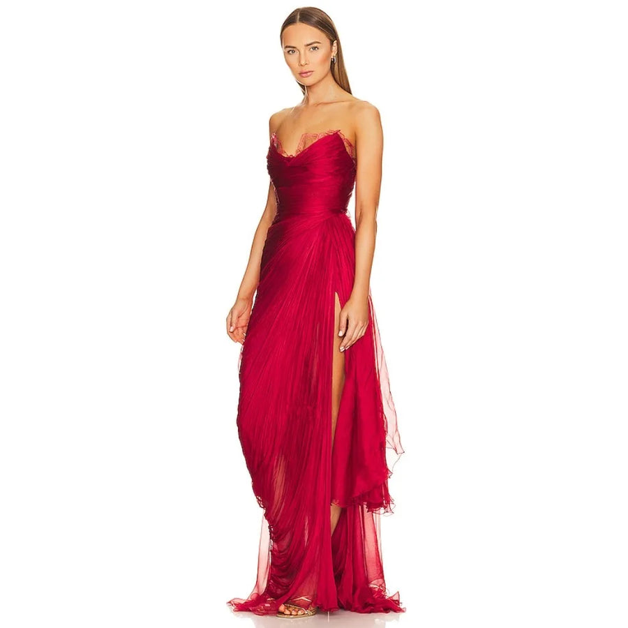 Pleated Lace Evening Dress