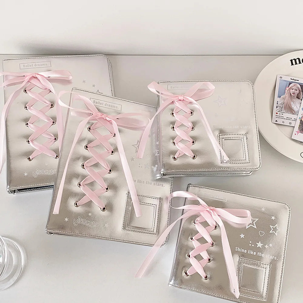Silver PU Photocard Binder with Pink Ribbon — Selected Size and Page Pack