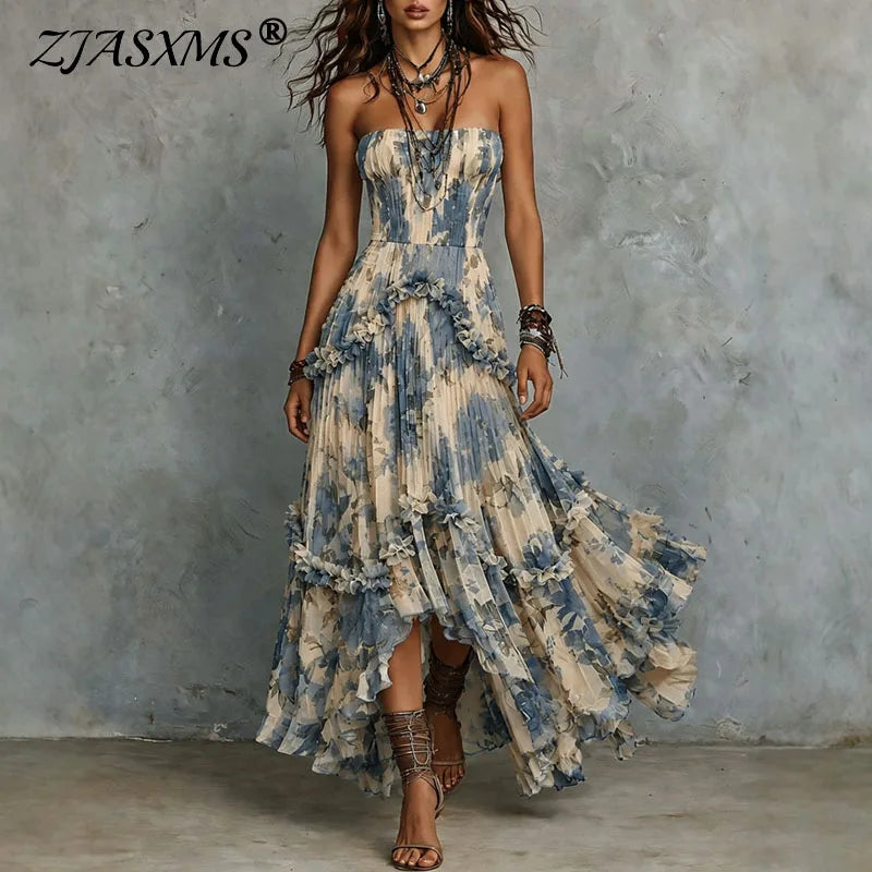 Elegant Floral Print Strapless Long Dress Women Off Shoulder 3D Flower Ruffle Layered Irregular Flowy Boho Holiday Party Dresses