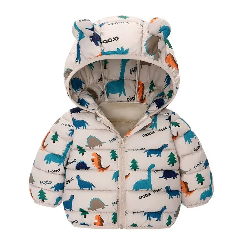 Kids Boys Baby Hooded Lightweight Jacket Cartoon Dinosaur Zipper Coats Girls Autumn Winter Warm Christmas Outerwear 0-5 Year Old