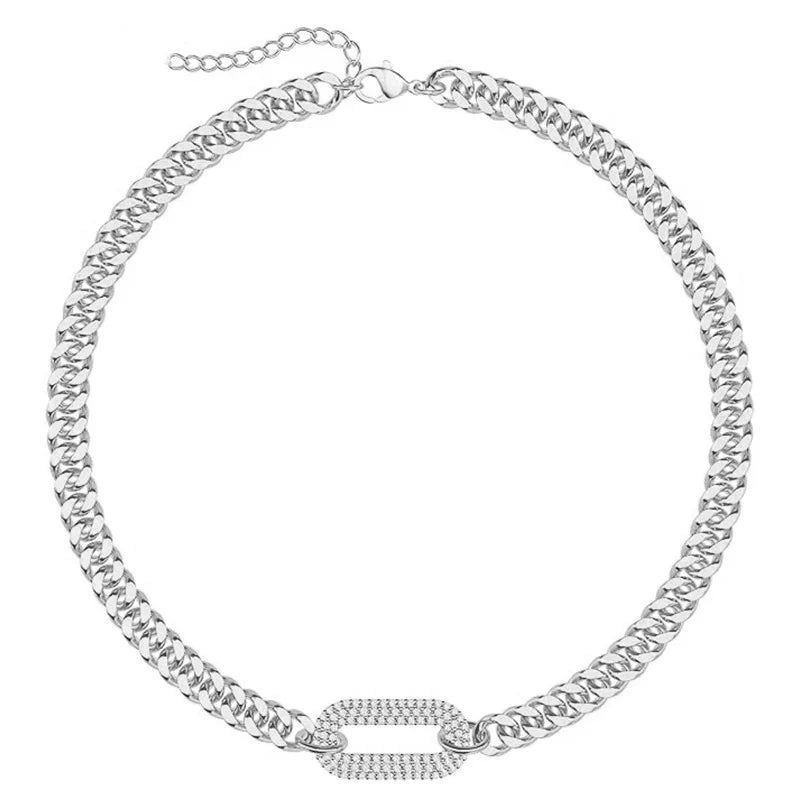 Stainless steel electroplated vintage niche necklace, punk rock heavy duty zircon-encrusted clavicle necklace, Cuban chain