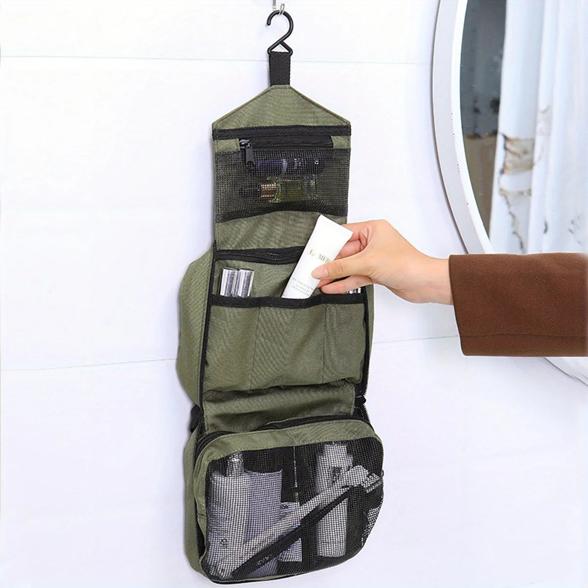 Hanging Toiletry Organizer Bag — Green, Foldable Travel Design