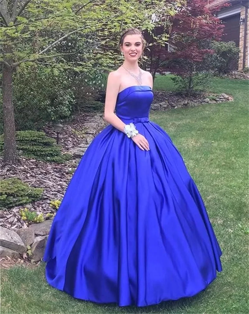 Customized Strapless Satin Prom Dresses robes de soirée Long A-line Formal вечернее платье Evening Party Gowns with Pockets