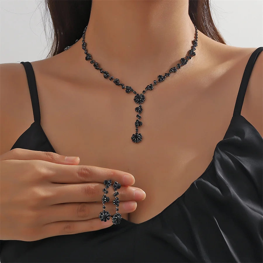 Black Crystal Tassel Jewelry Set