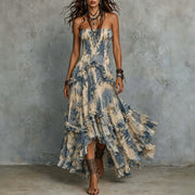 Elegant Floral Print Strapless Long Dress Women Off Shoulder 3D Flower Ruffle Layered Irregular Flowy Boho Holiday Party Dresses