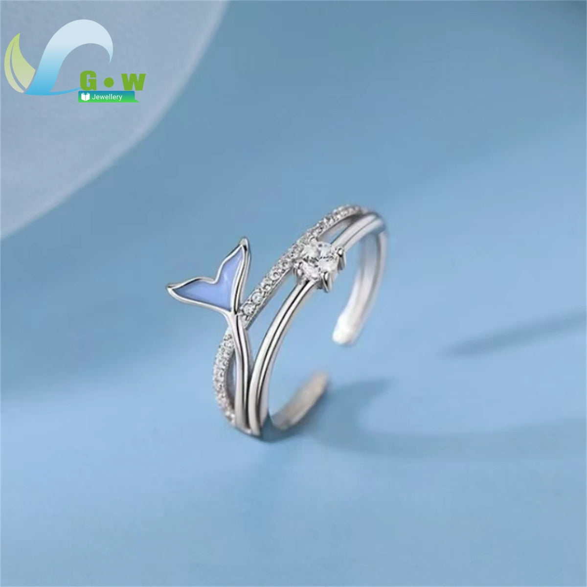 Mermaid Theme Adjustable Open Ring Blue Crystal Fish Tail Korean Minimalist Forest Style Stackable Finger Jewelry for Women Girl