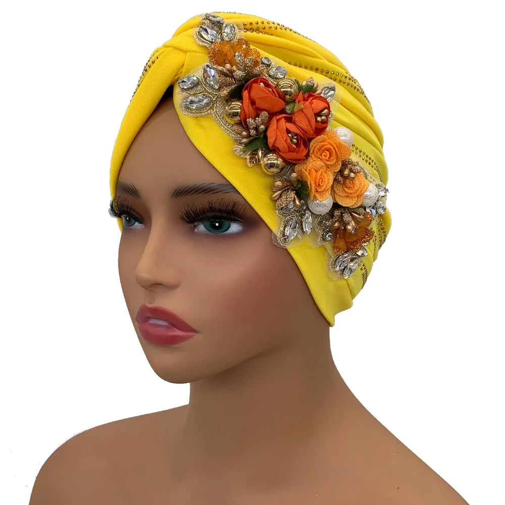 Diamonds Flower Women's Turban Cap African Head Wraps Nigeria Wedding Party Headpiece Female Headwear Twisted Headsarf Hat